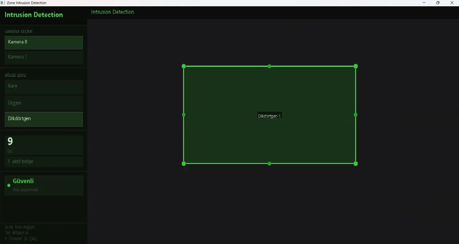 Zone Intrusion Detection interface: a rectangular restricted zone drawn over the camera view next to the live status panel